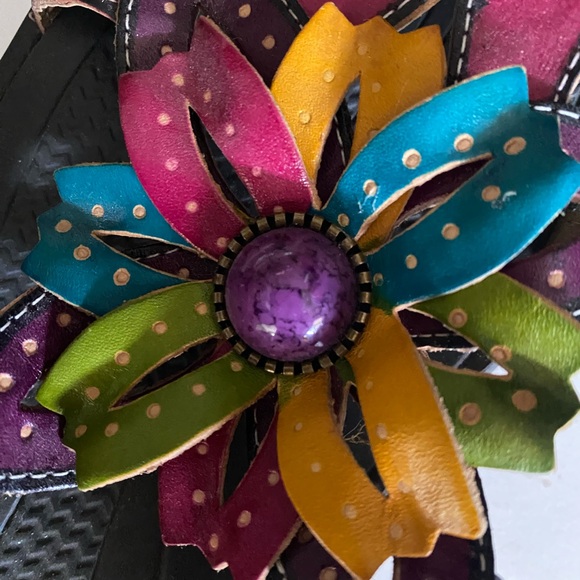 Elite By Corkys Sandals Size 10 Rain Leather Colorful Slides Flower - Picture 6 of 9